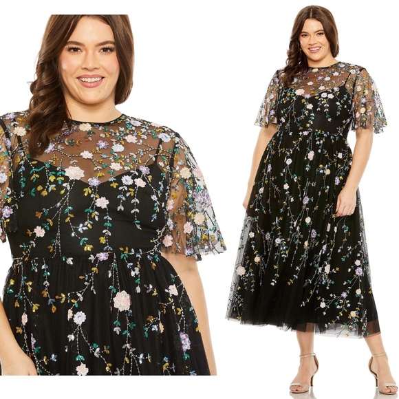 Mac Duggal NEW Black‎ Sequin Floral Embroidered Tulle Midi Dress Women's Size 20 - Picture 1 of 15